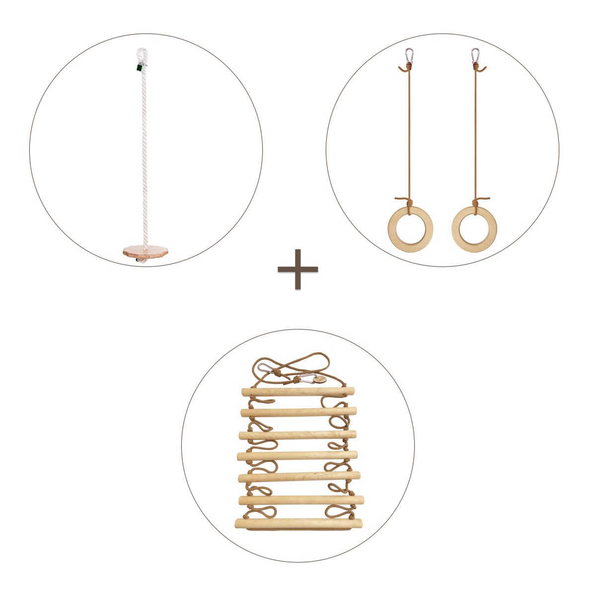 3in1 Swings Set: Rope Ladder + Gymnastic Rings + Disc Rope Swing