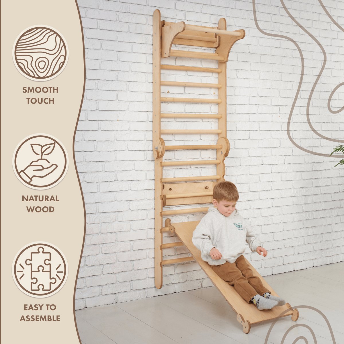 3in1: Wooden Swedish Wall / Climbing ladder for Children + Swing Set + Slide Board
