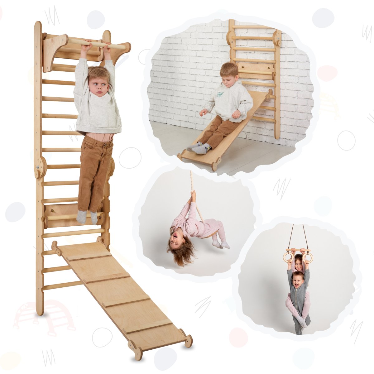 3in1: Wooden Swedish Wall / Climbing ladder for Children + Swing Set + Slide Board