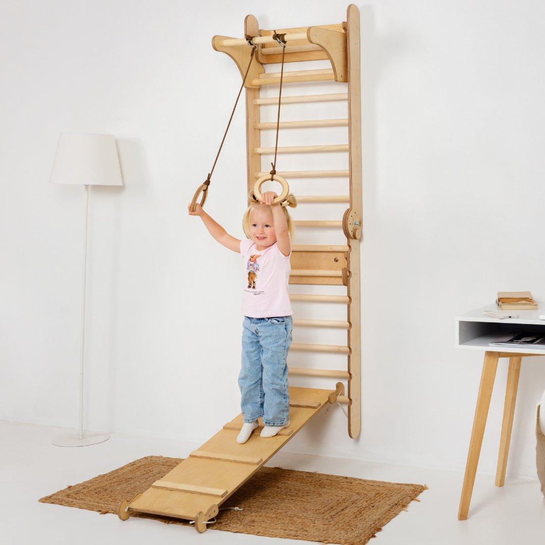 3in1: Wooden Swedish Wall / Climbing ladder for Children + Swing Set + Slide Board