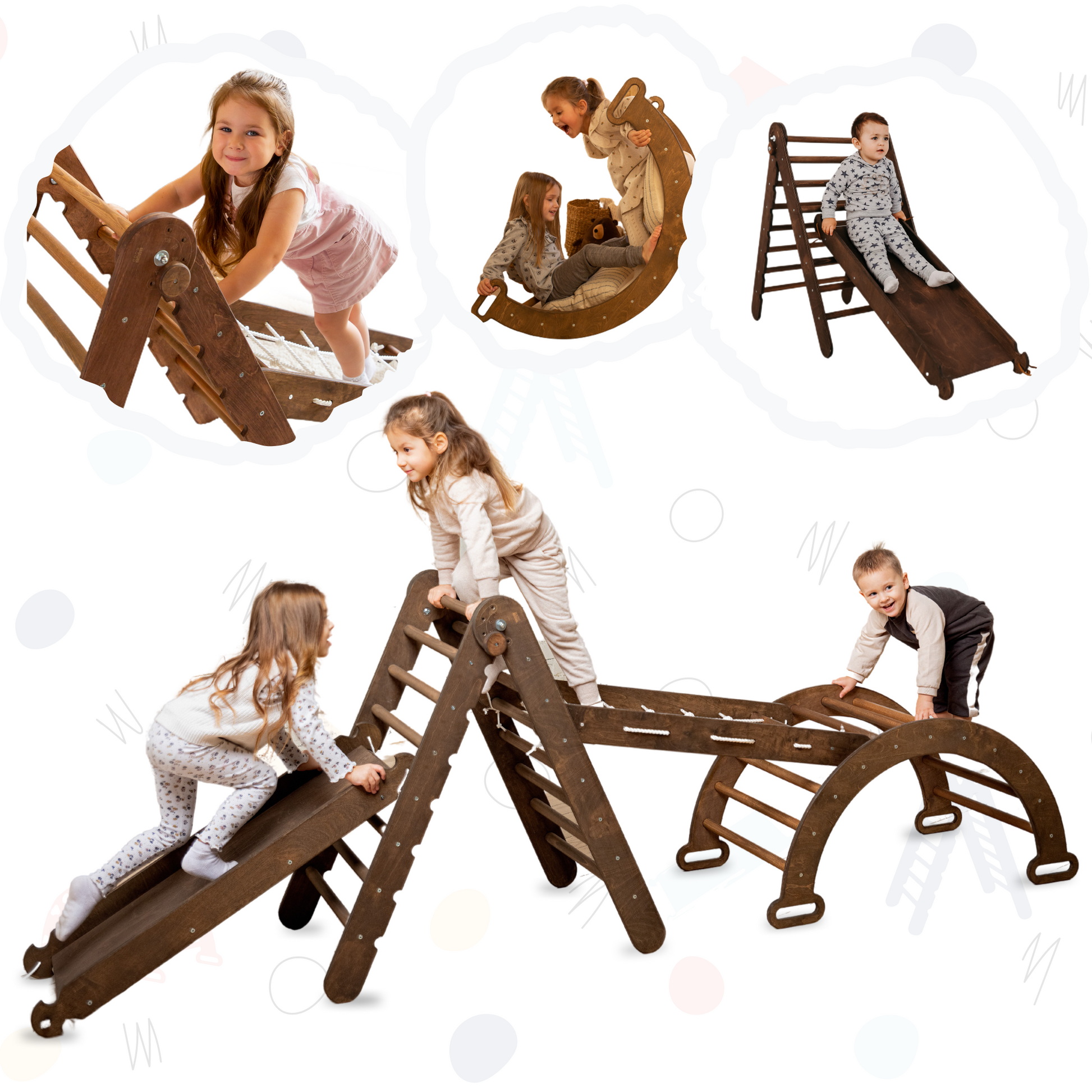 4in1 Montessori Climbing Frame Set: Triangle Ladder + Arch/Rocker + Slide Board/Ramp + Netting rope