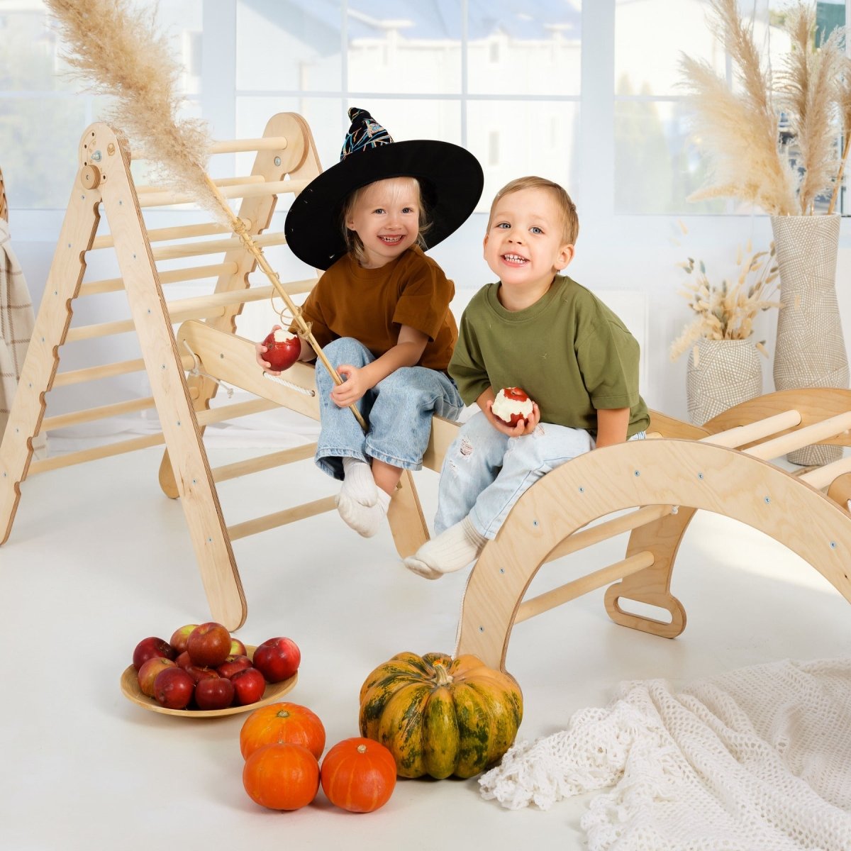 4in1 Montessori Climbing Frame Set: Triangle Ladder + Arch/Rocker + Slide Board/Ramp + Netting rope