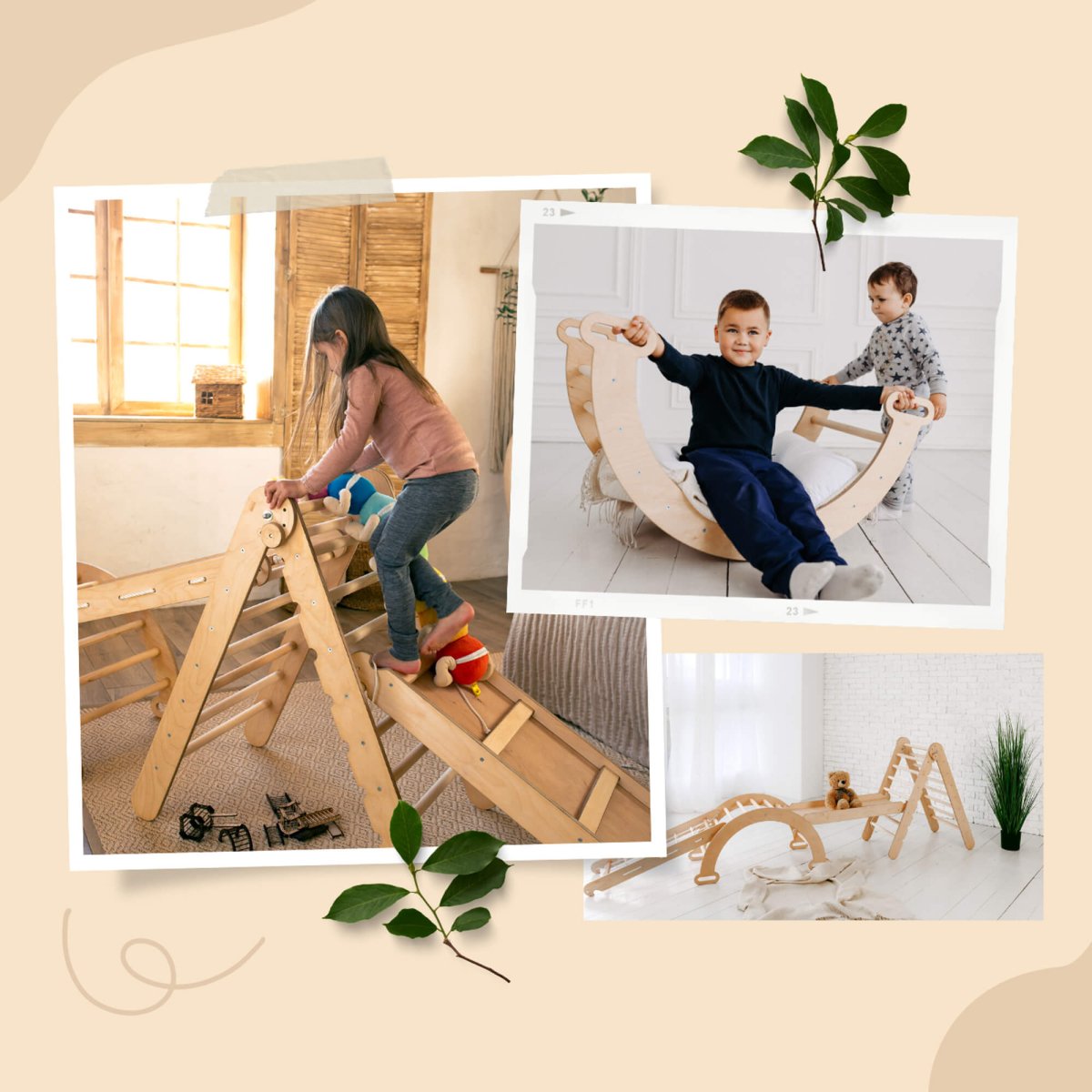 4in1 Montessori Climbing Frame Set: Triangle Ladder + Arch/Rocker + Slide Board/Ramp + Netting rope