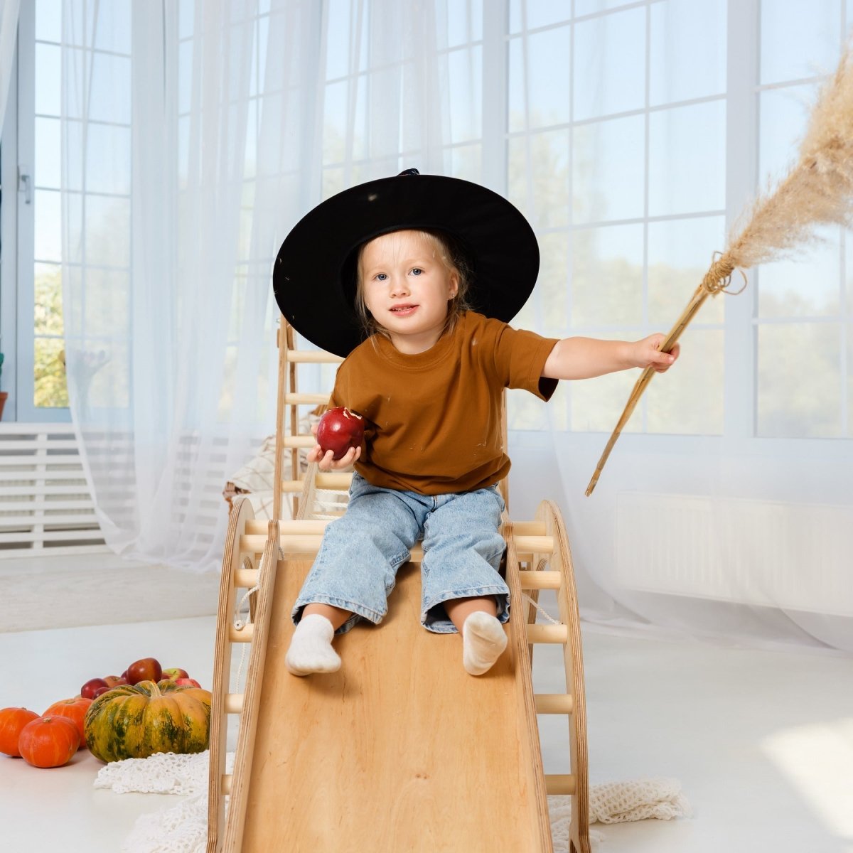 4in1 Montessori Climbing Frame Set: Triangle Ladder + Arch/Rocker + Slide Board/Ramp + Netting rope