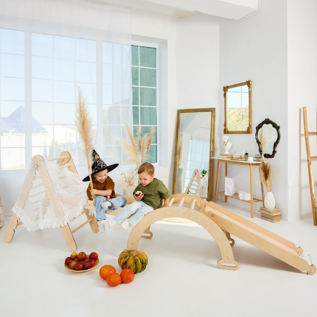 4in1 Montessori Climbing Frame Set: Triangle Ladder + Arch/Rocker + Slide Board/Ramp + Netting rope