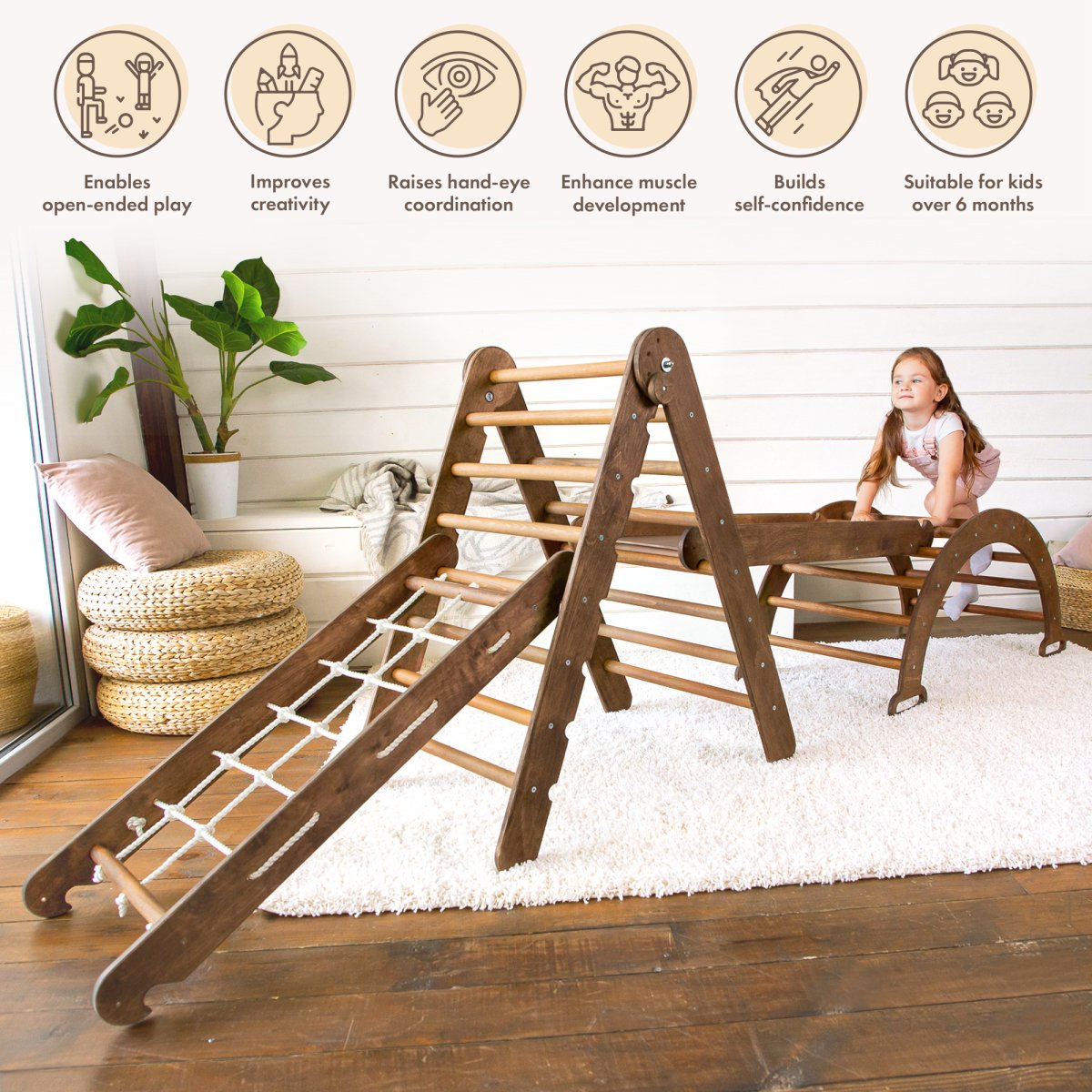 4in1 Montessori Climbing Set: Triangle Ladder + Arch/Rocker + Slide Board/Ramp + Net – Chocolate