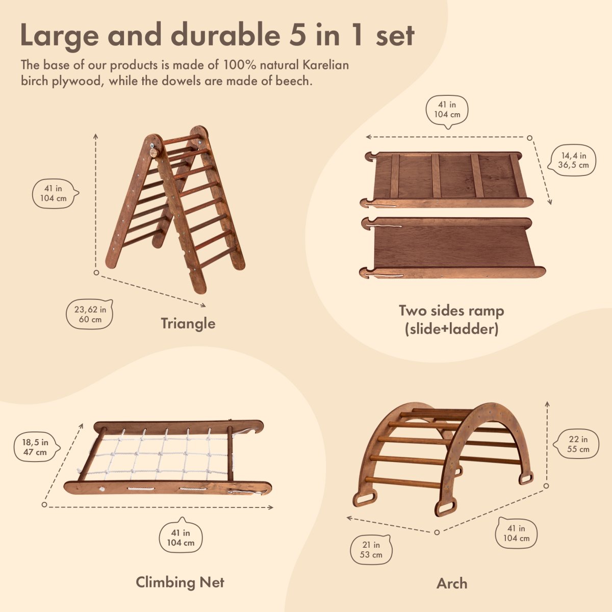 4in1 Montessori Climbing Set: Triangle Ladder + Arch/Rocker + Slide Board/Ramp + Net – Chocolate