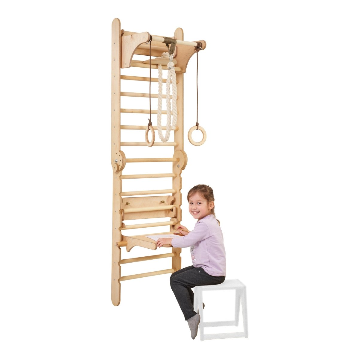 5in1: Wooden Swedish Wall / Climbing ladder for Children + Swing Set + Slide Board + Art Add-on