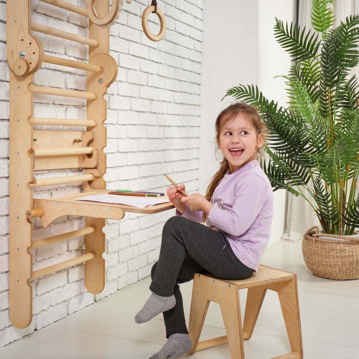5in1: Wooden Swedish Wall / Climbing ladder for Children + Swing Set + Slide Board + Art Add-on