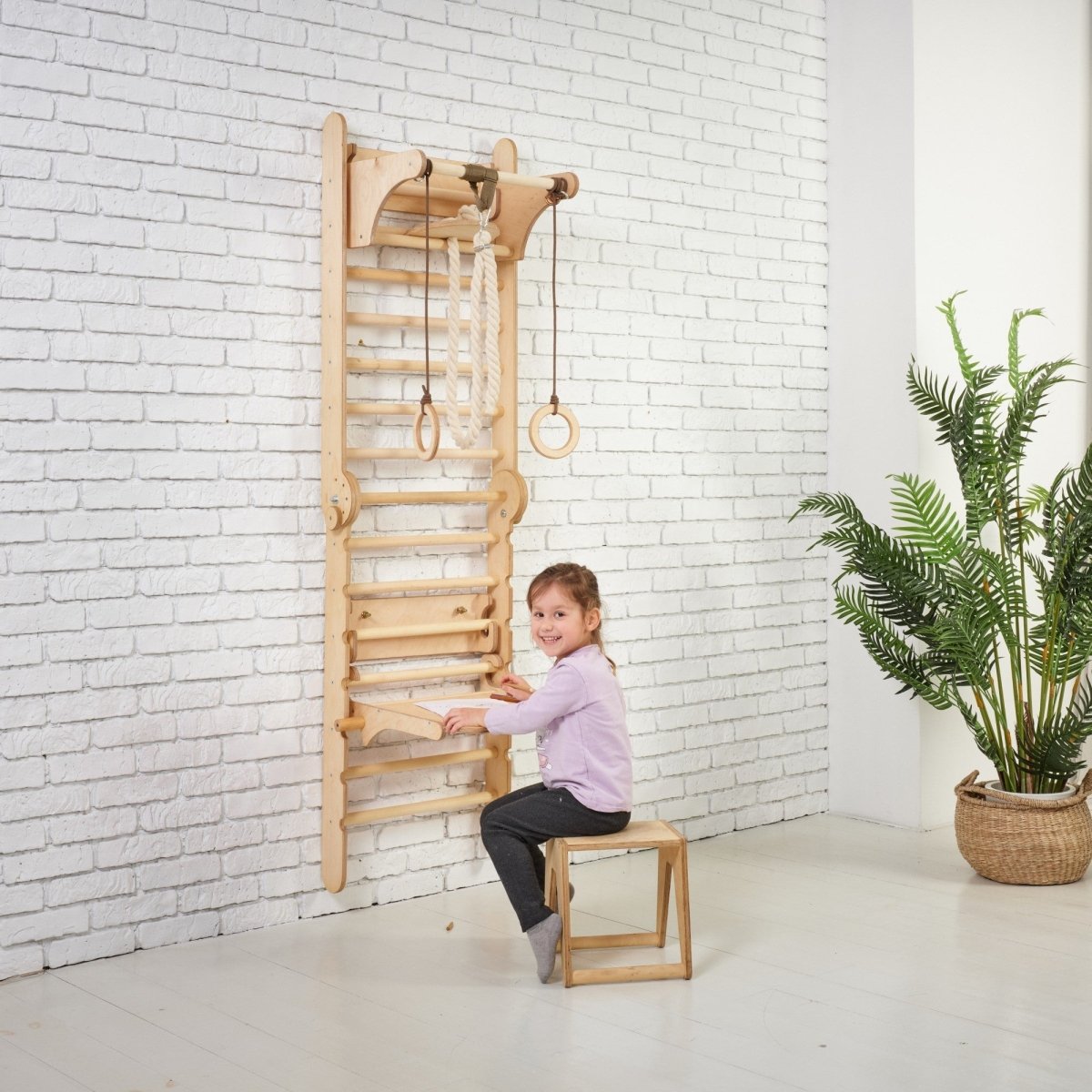 5in1: Wooden Swedish Wall / Climbing ladder for Children + Swing Set + Slide Board + Art Add-on