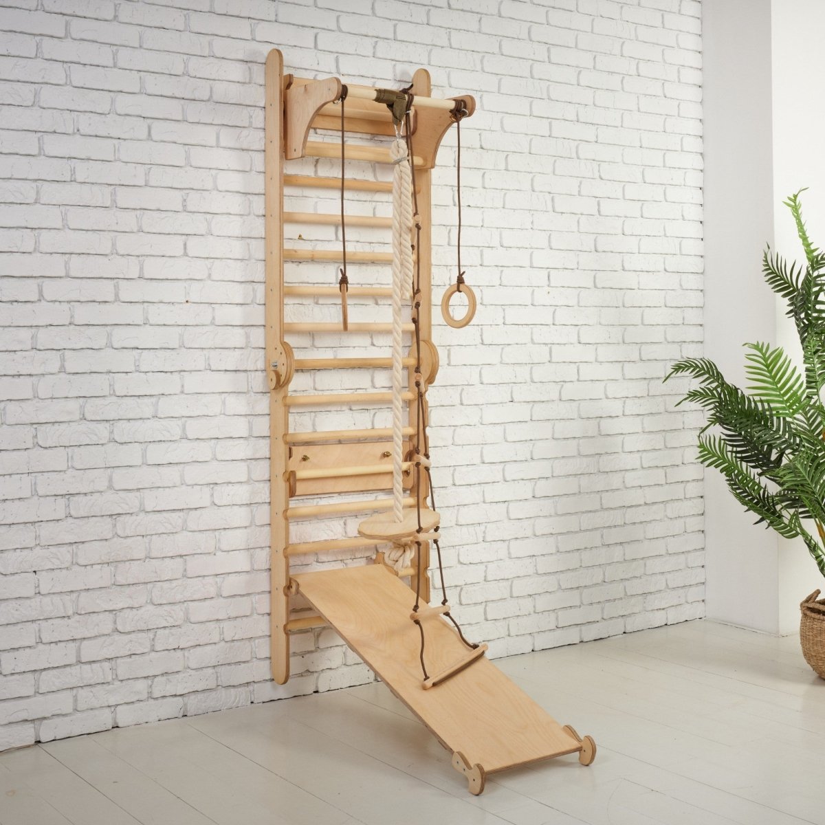 5in1: Wooden Swedish Wall / Climbing ladder for Children + Swing Set + Slide Board + Art Add-on