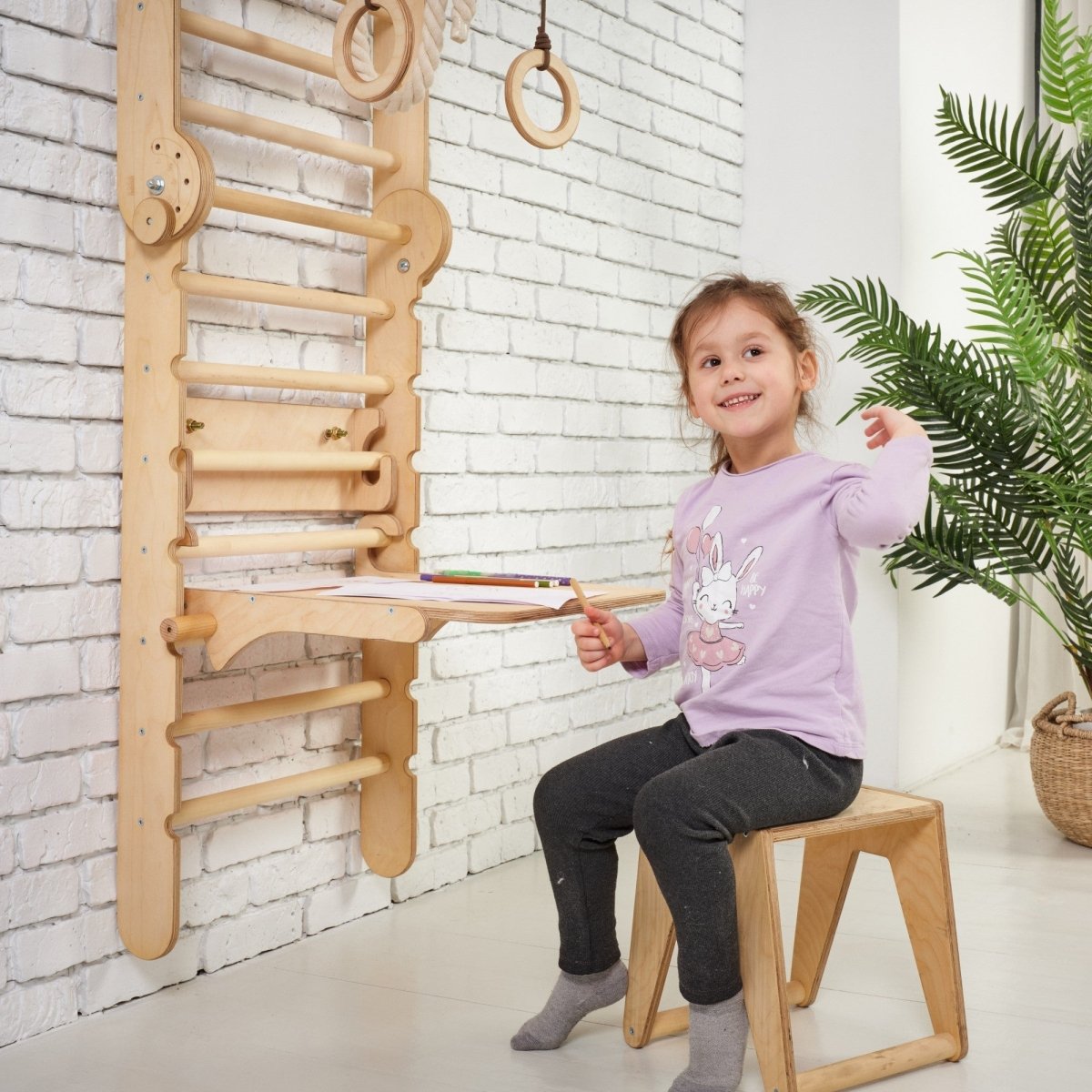 5in1: Wooden Swedish Wall / Climbing ladder for Children + Swing Set + Slide Board + Art Add-on