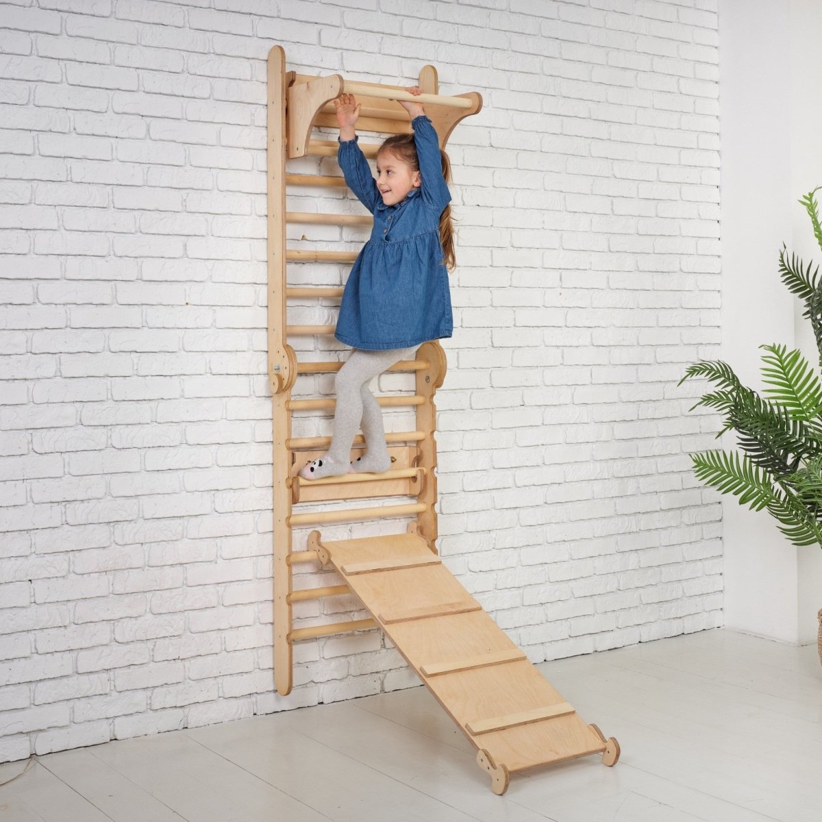 5in1: Wooden Swedish Wall / Climbing ladder for Children + Swing Set + Slide Board + Art Add-on