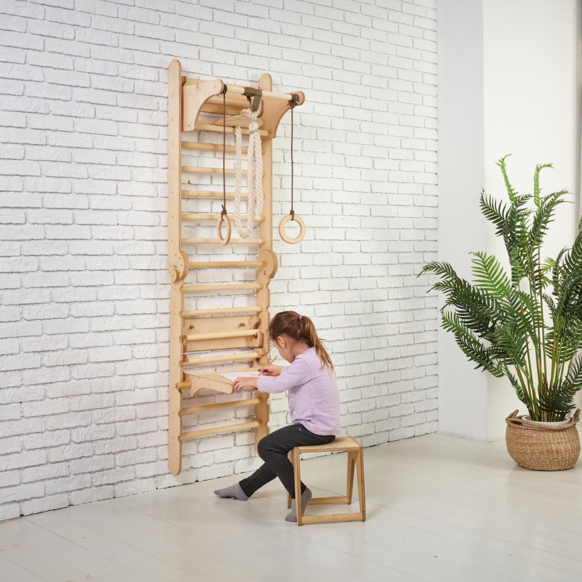 5in1: Wooden Swedish Wall / Climbing ladder for Children + Swing Set + Slide Board + Art Add-on