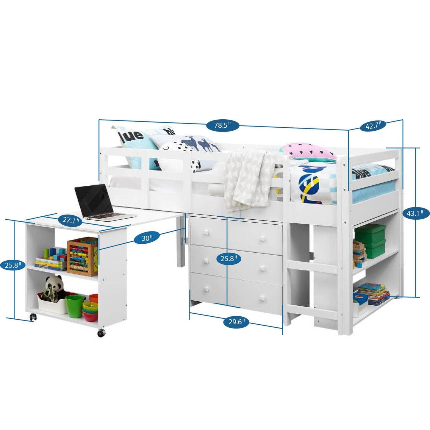 Ava Kid's Furniture Set with Twin Loft Bed, Desk, Dresser & Bookcase in One