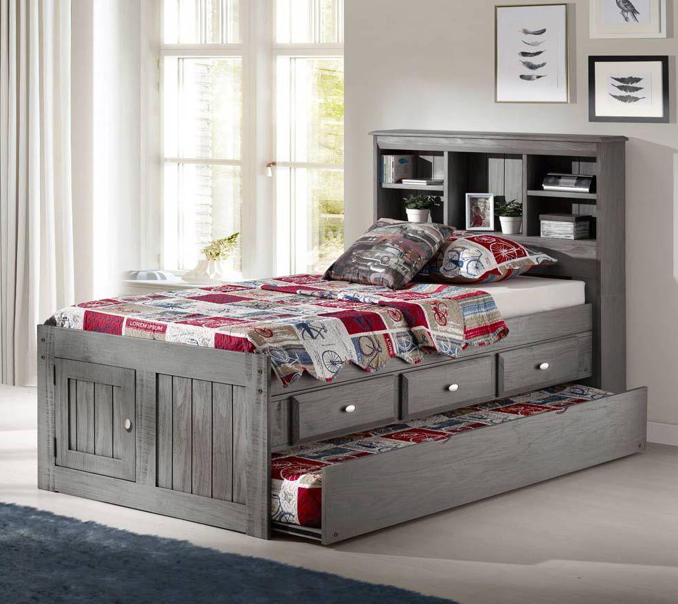 Addison Grey Twin Captains Bed with Bookcase Headboard