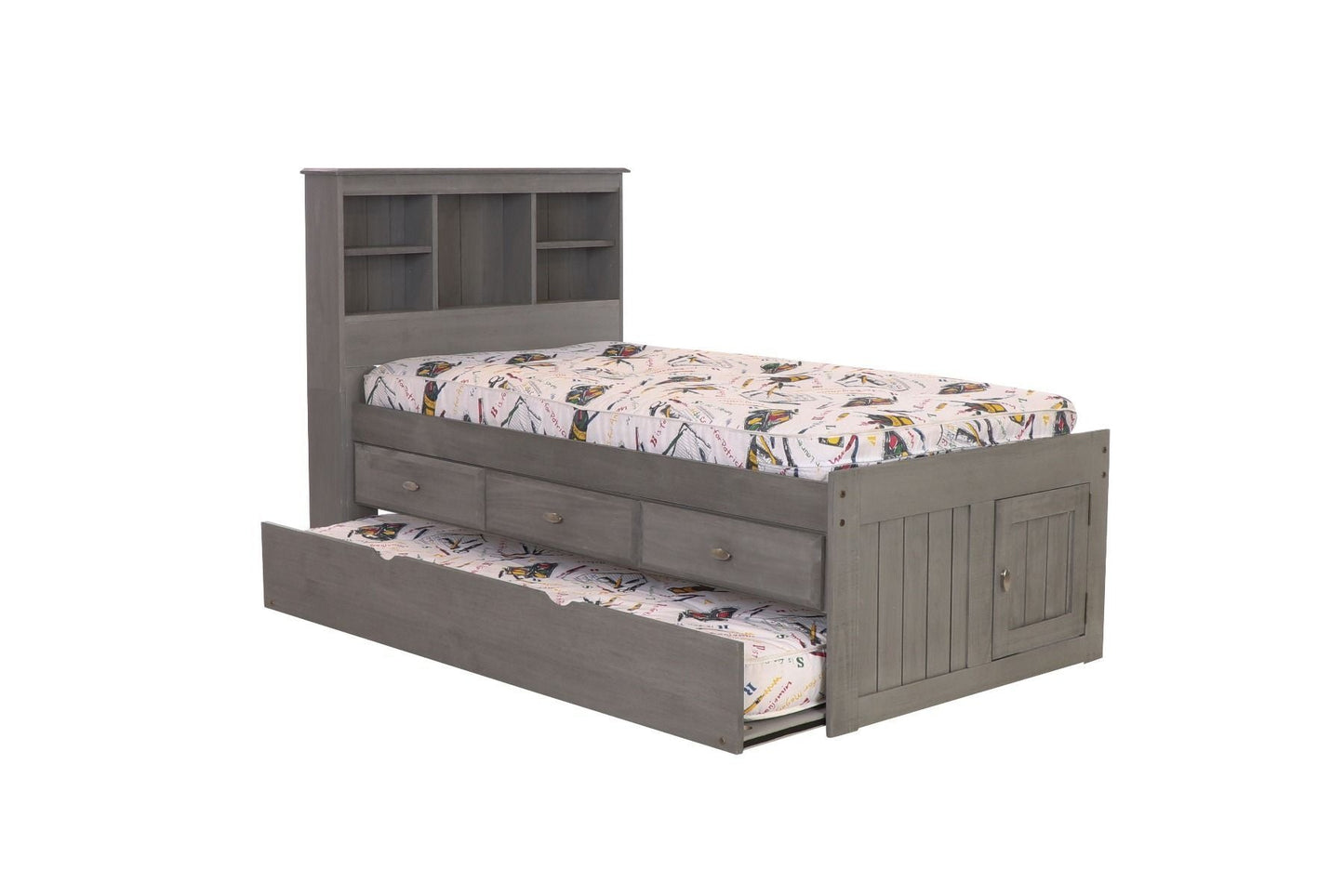 Addison Grey Twin Captains Bed with Bookcase Headboard