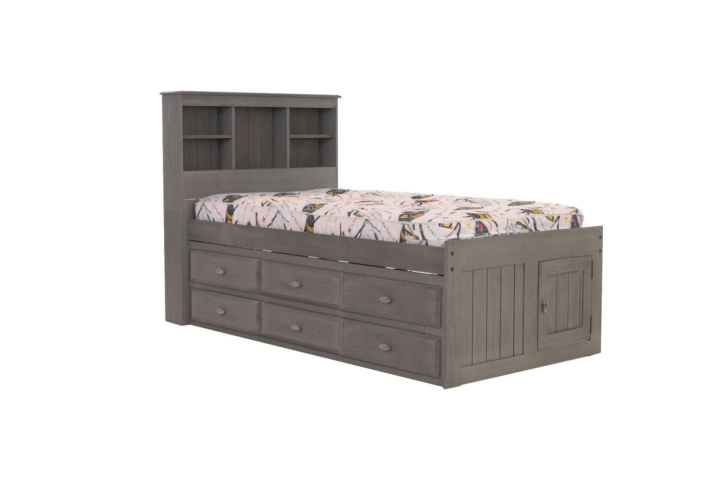 Addison Grey Twin Captains Bed with Bookcase Headboard