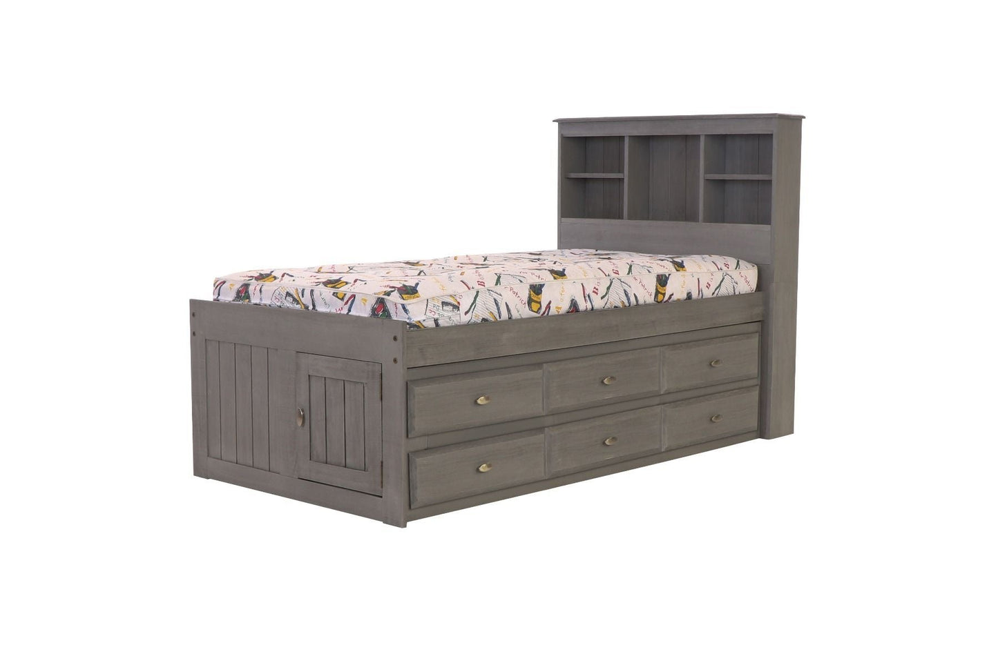 Addison Grey Twin Captains Bed with Bookcase Headboard