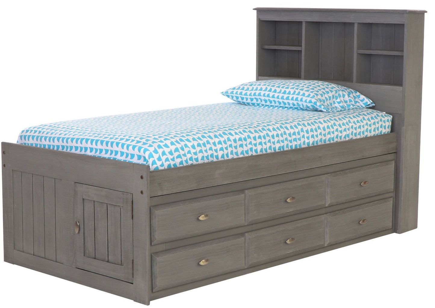 Addison Grey Twin Captains Bed with Bookcase Headboard