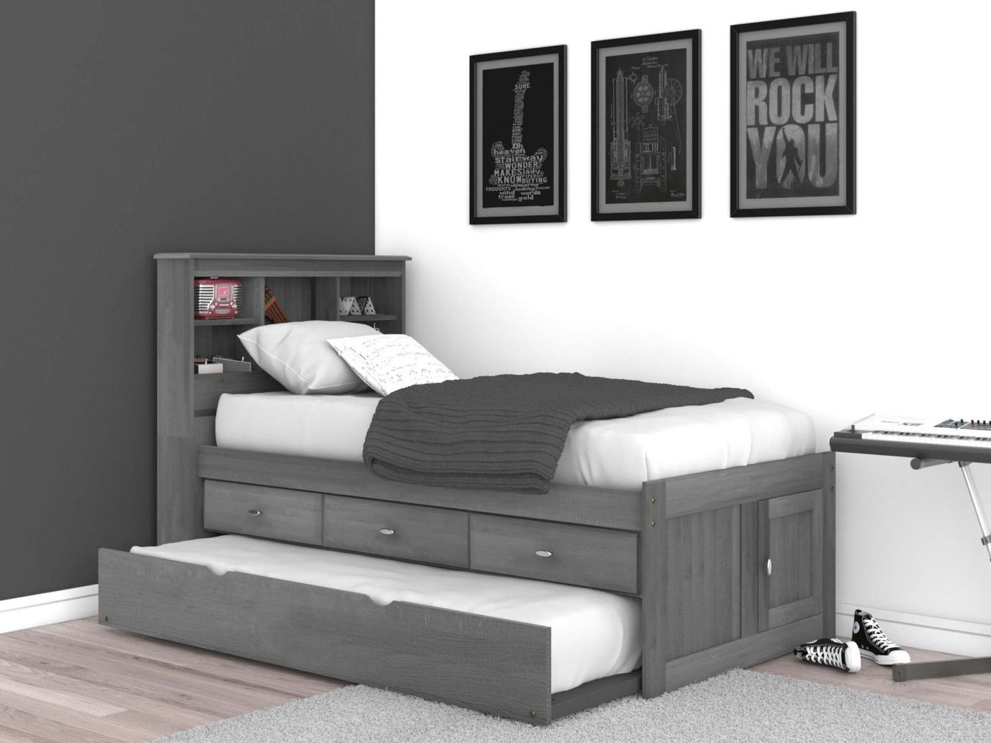 Addison Grey Twin Captains Bed with Bookcase Headboard