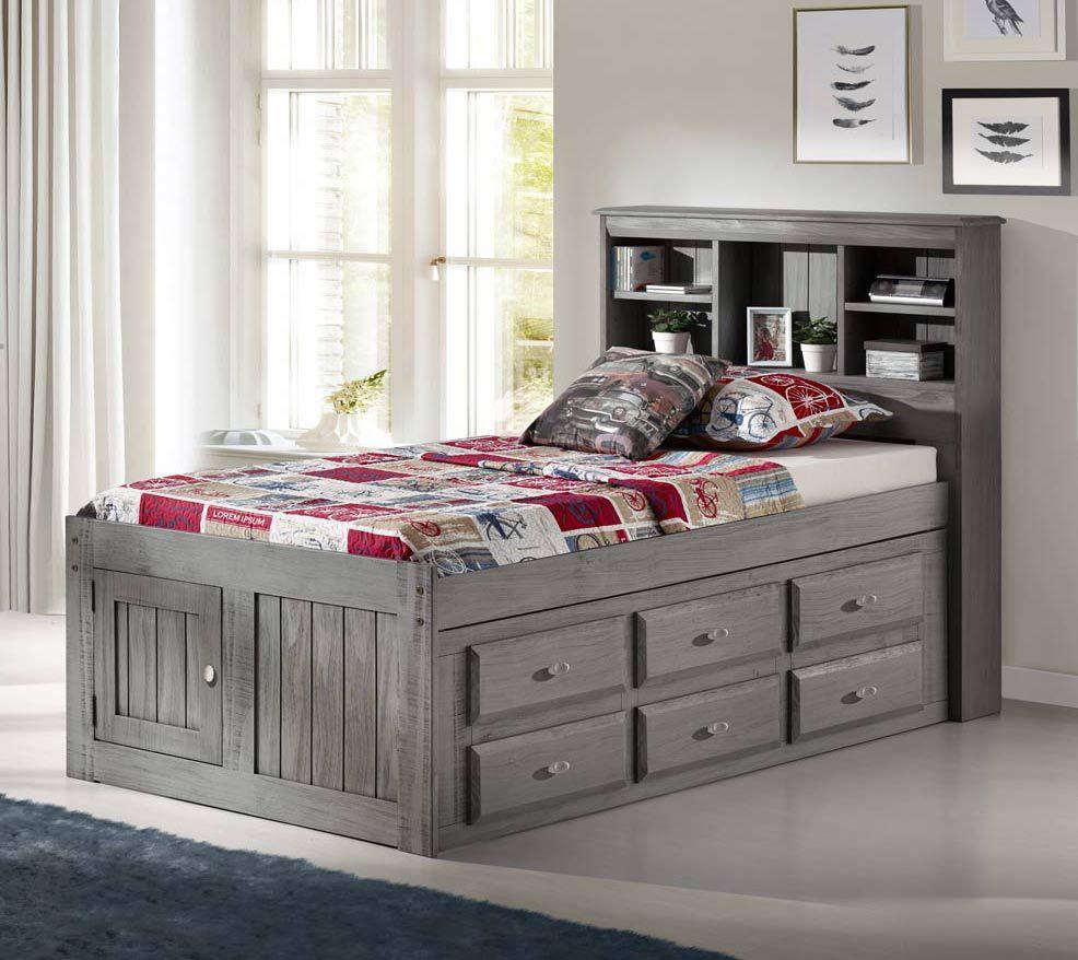 Addison Grey Twin Captains Bed with Bookcase Headboard