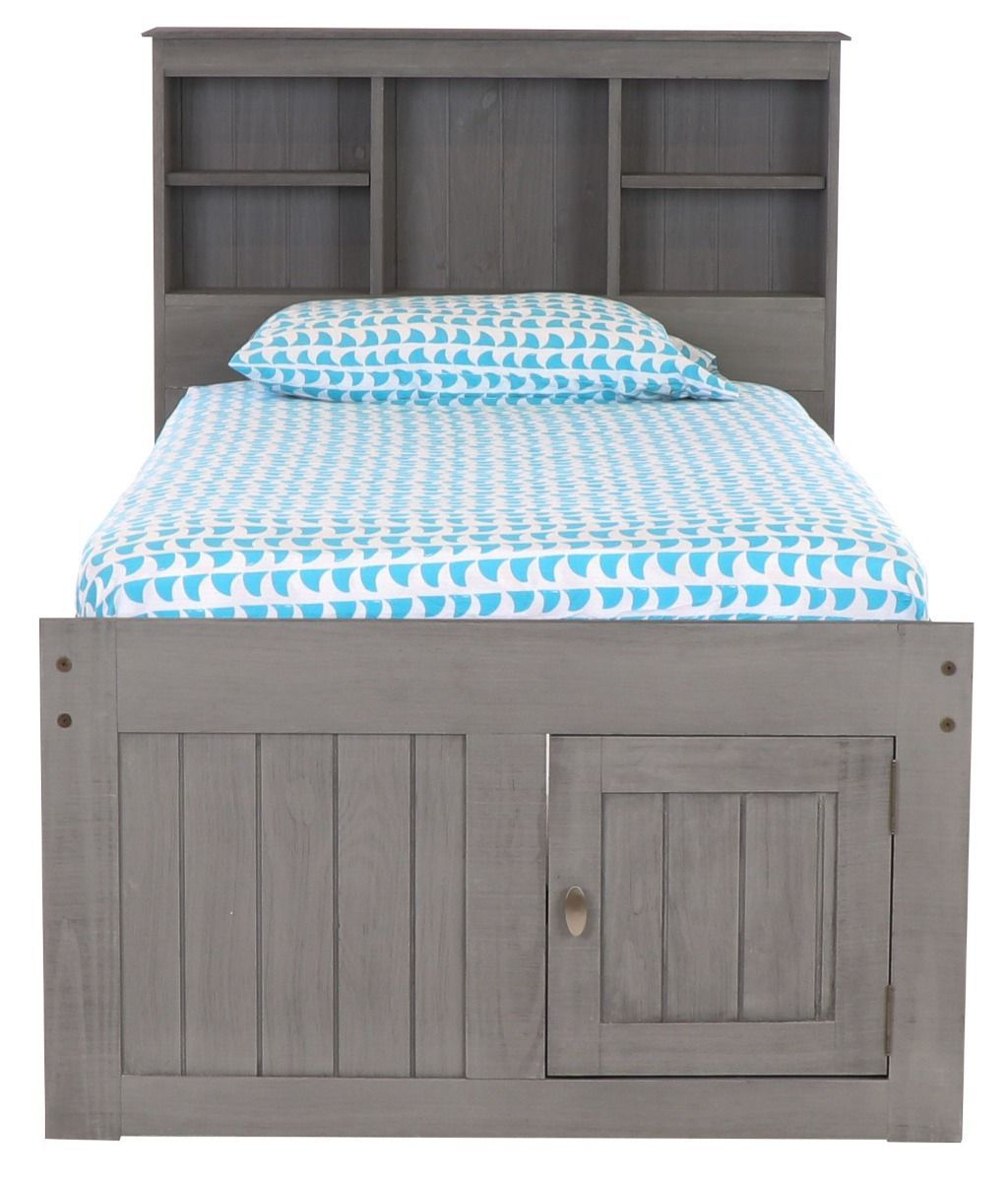 Addison Grey Twin Captains Bed with Bookcase Headboard