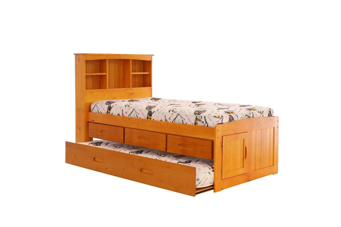 Addison Honey Twin Captains Bed with Bookcase Headboard