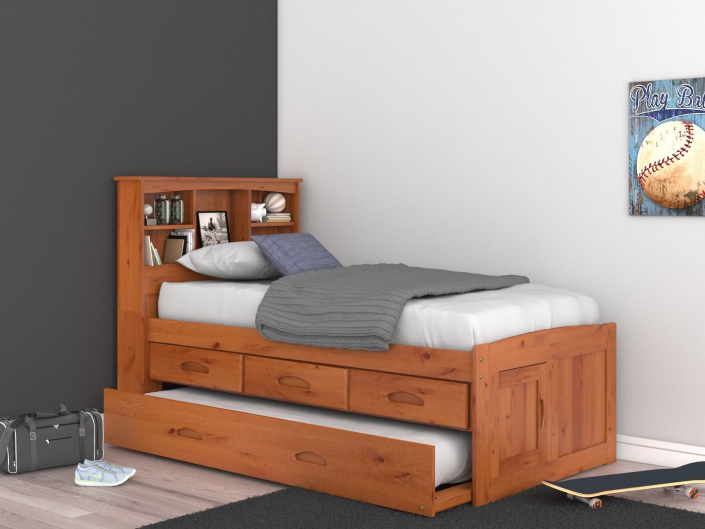 Addison Honey Twin Captains Bed with Bookcase Headboard
