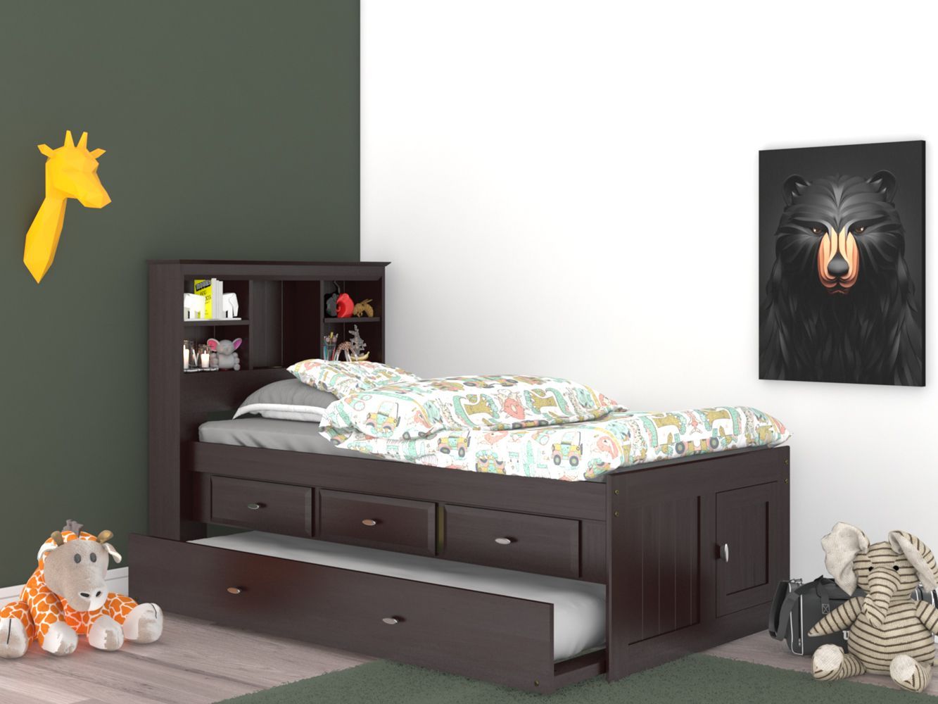 Addison Espresso Twin Captains Bed with Bookcase Headboard