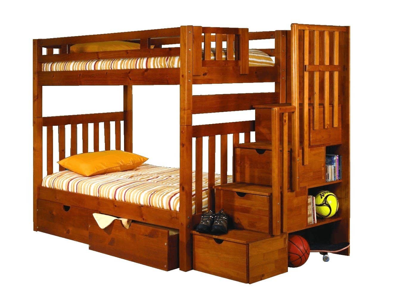 Elliot Honey Bunk Bed with Stairs and Shelves
