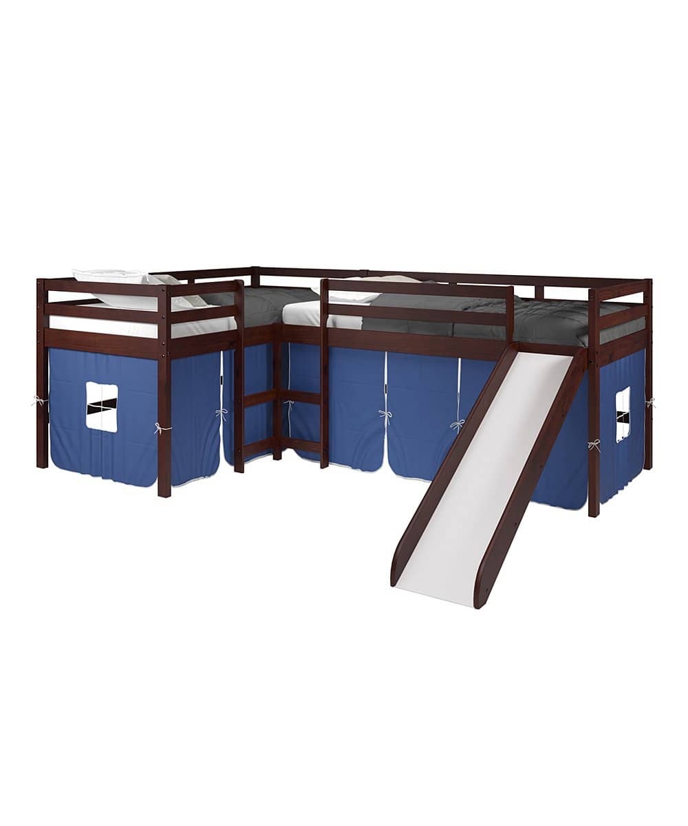 Luke L-Shape Corner Loft Bed with Slide & Blue Tent