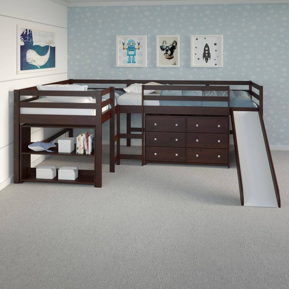 Luke L-Shape Corner Loft Bed with Slide & Dresser