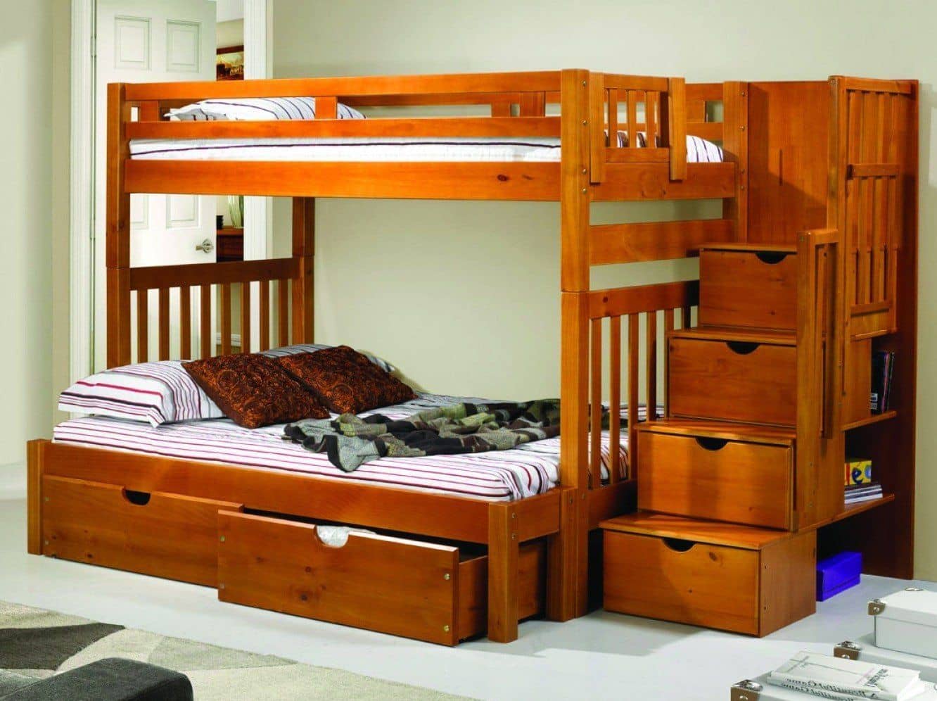 Michael Honey Twin over Full Youth Bunk Bed with Shelves