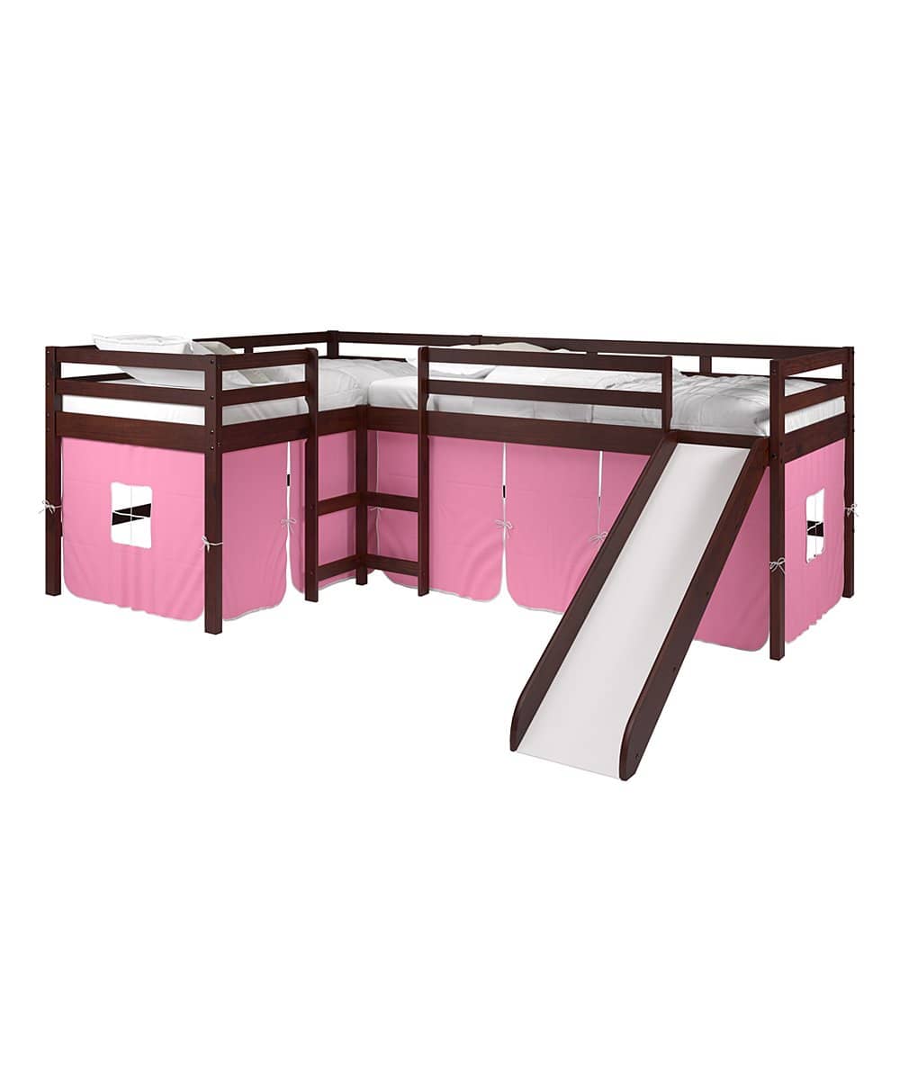Molly L-Shape Corner Loft Bed with Slide & Pink Tent