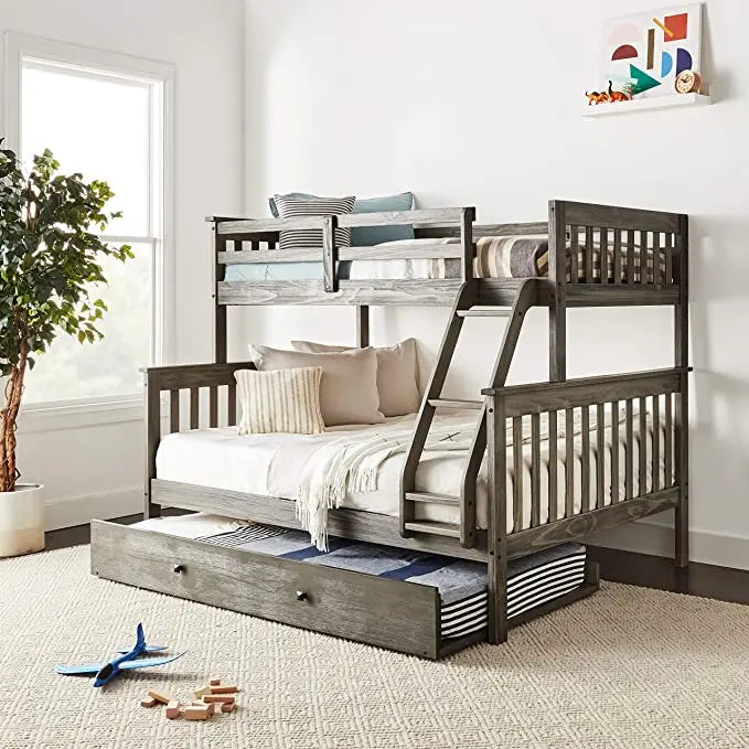 Zoe Twin/Full Gray Bunk Bed with Trundle