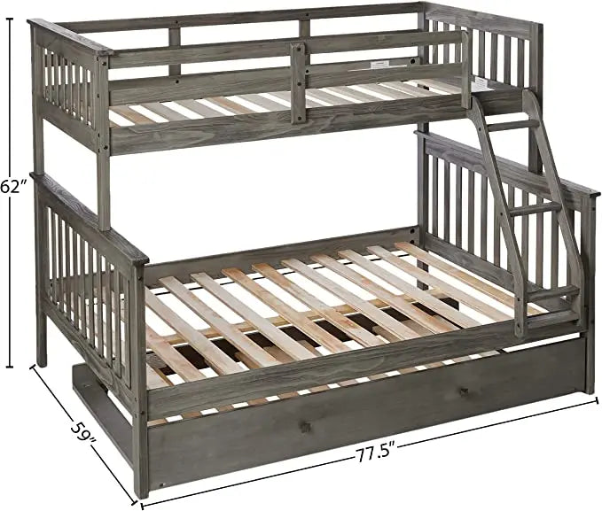Zoe Twin/Full Gray Bunk Bed with Trundle