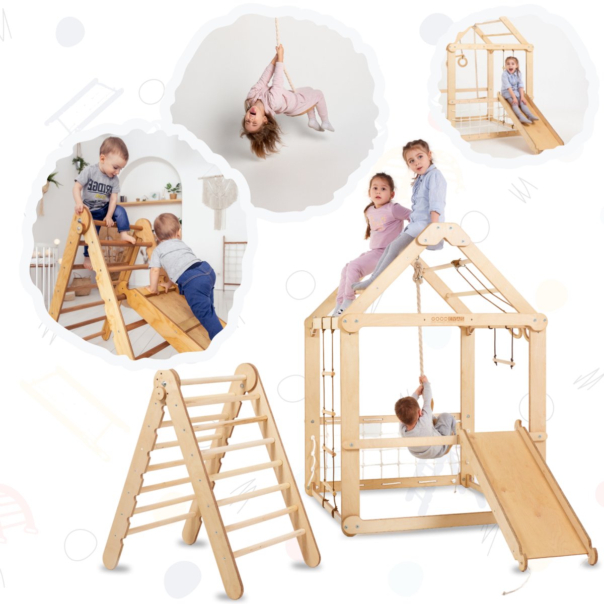 Indoor Wooden Playhouse with Triangle ladder, Slide Board and Swings