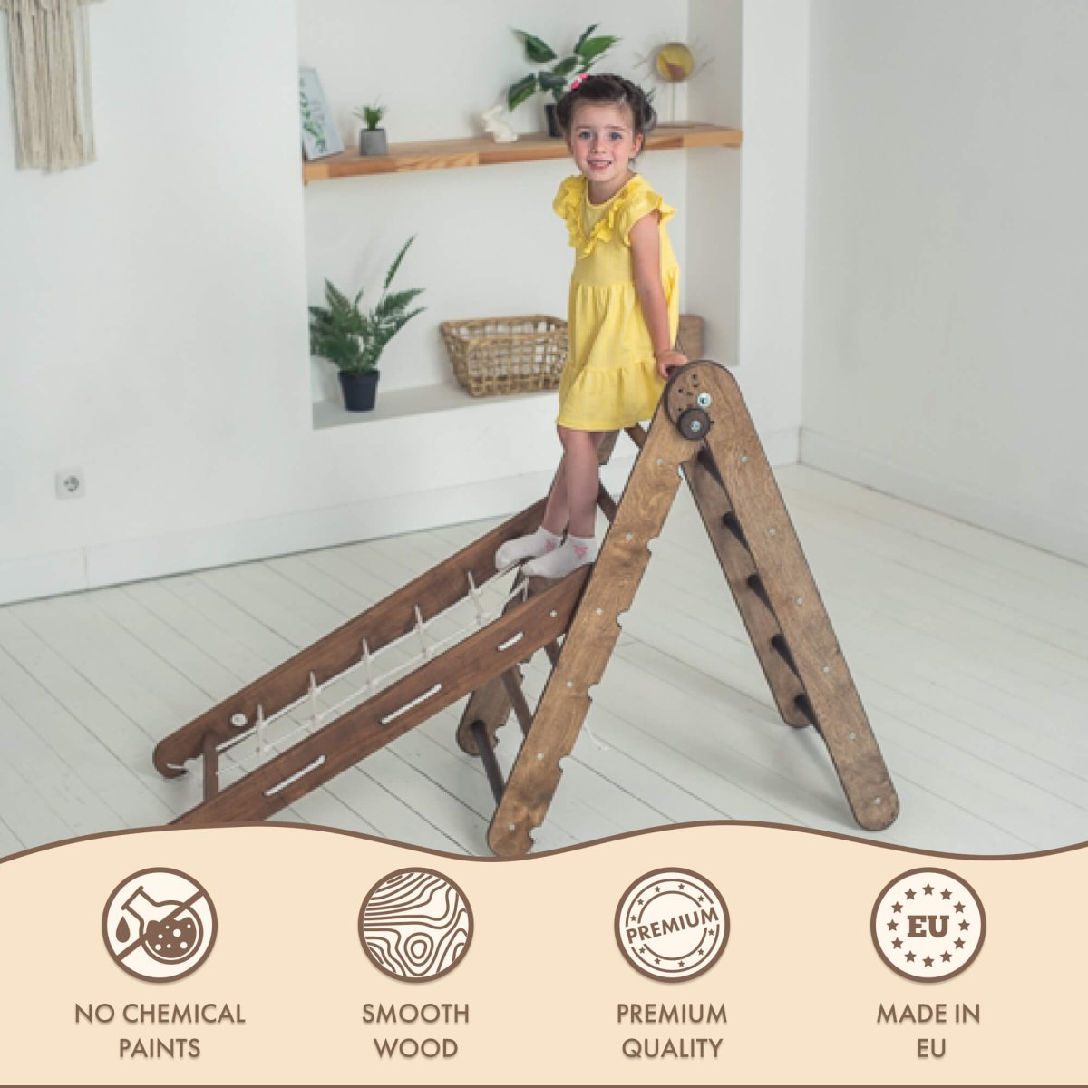 2in1 Montessori Climbing Frame Set: Triangle Ladder + Slide Board/Ramp – Chocolate