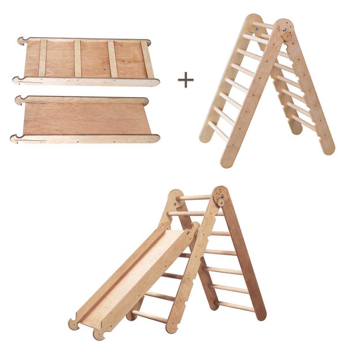 2in1 Montessori Climbing Set: Triangle Ladder + Slide Board/Ramp – Beige