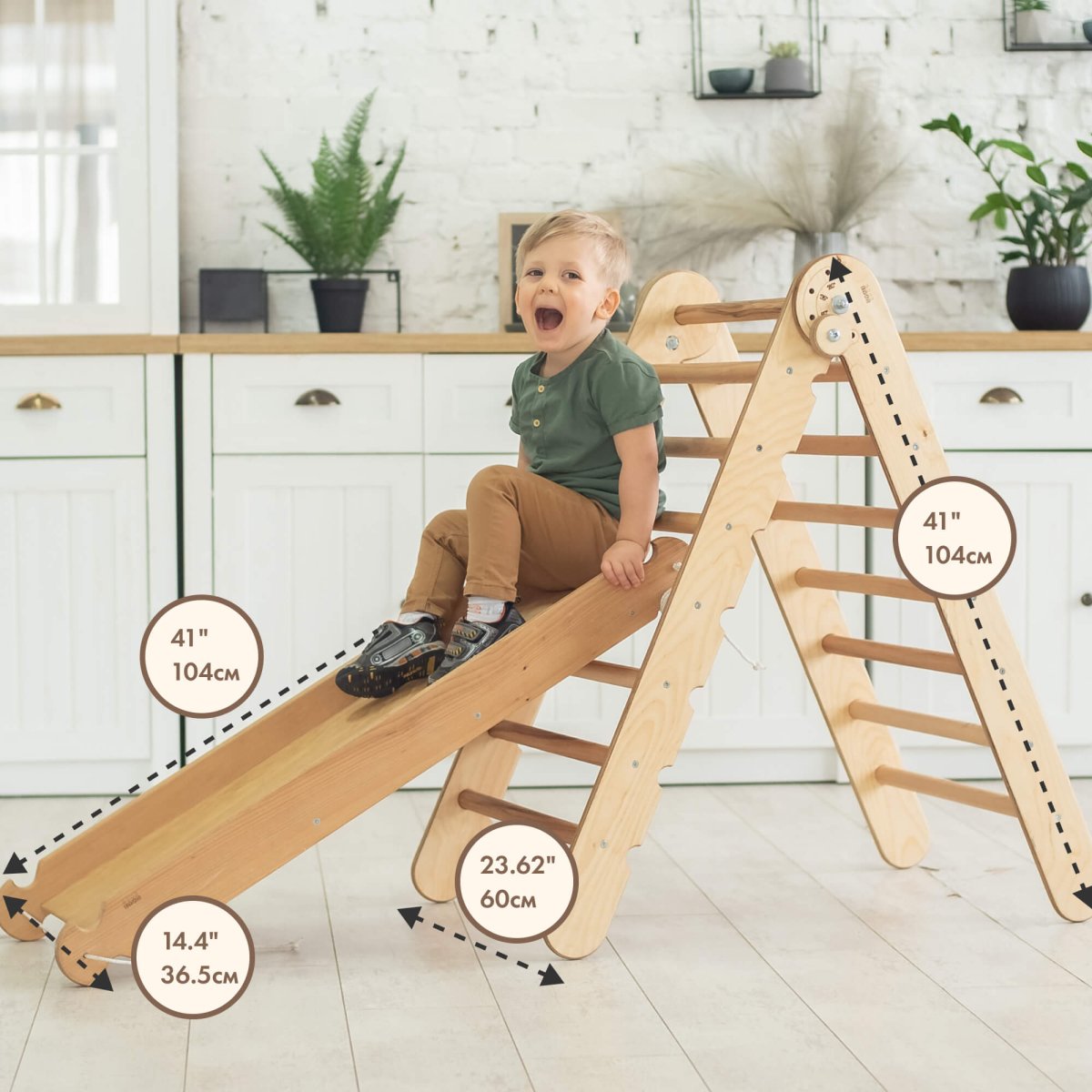 2in1 Montessori Climbing Set: Triangle Ladder + Slide Board/Ramp – Beige