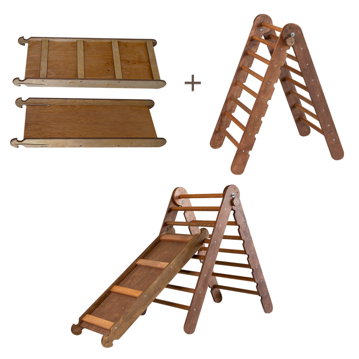 2in1 Montessori Climbing Set: Triangle Ladder + Slide Board/Ramp – Beige