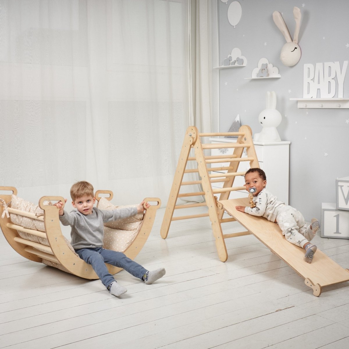 3in1 Montessori Climbing Set: Triangle Ladder + Wooden Arch + Slide Board – Beige NEW