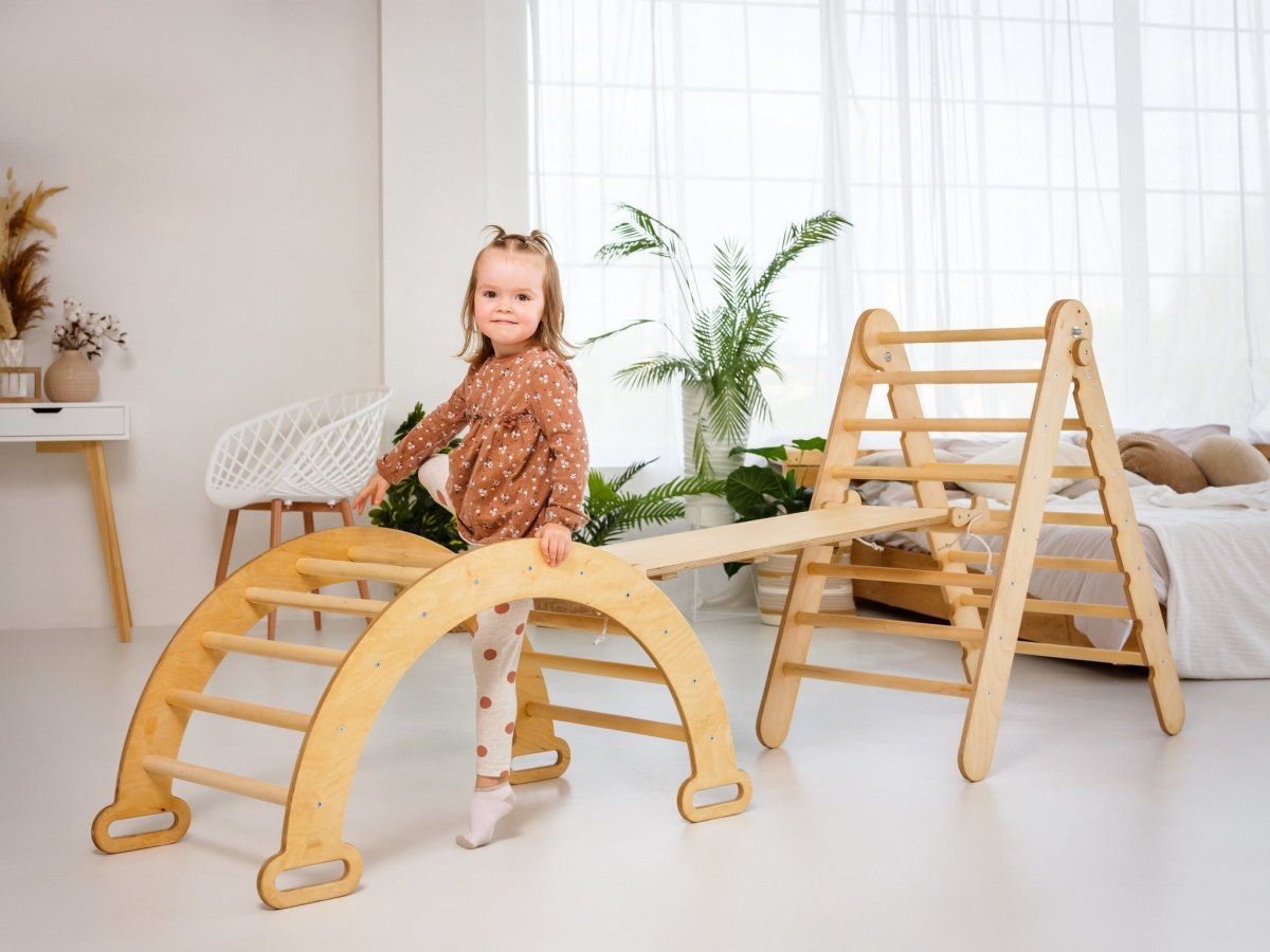 3in1 Montessori Climbing Set: Triangle Ladder + Wooden Arch + Slide Board – Beige NEW