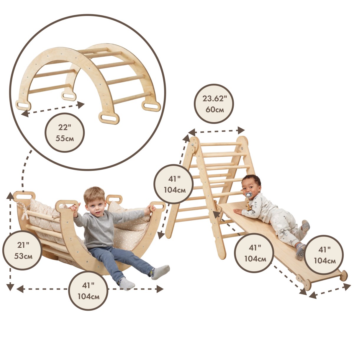 3in1 Montessori Climbing Set: Triangle Ladder + Wooden Arch + Slide Board – Beige NEW