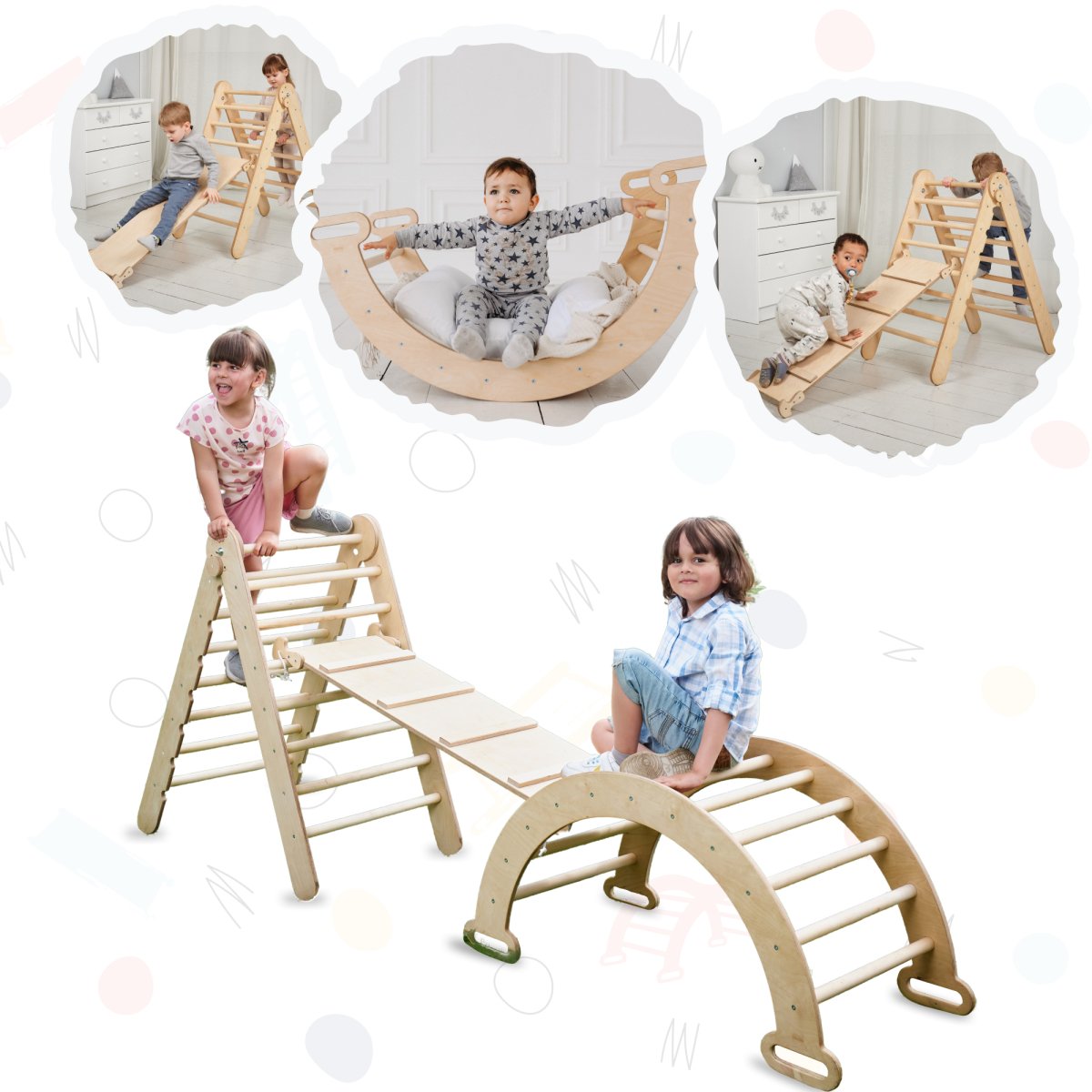 3in1 Montessori Climbing Set: Triangle Ladder + Wooden Arch + Slide Board – Beige NEW