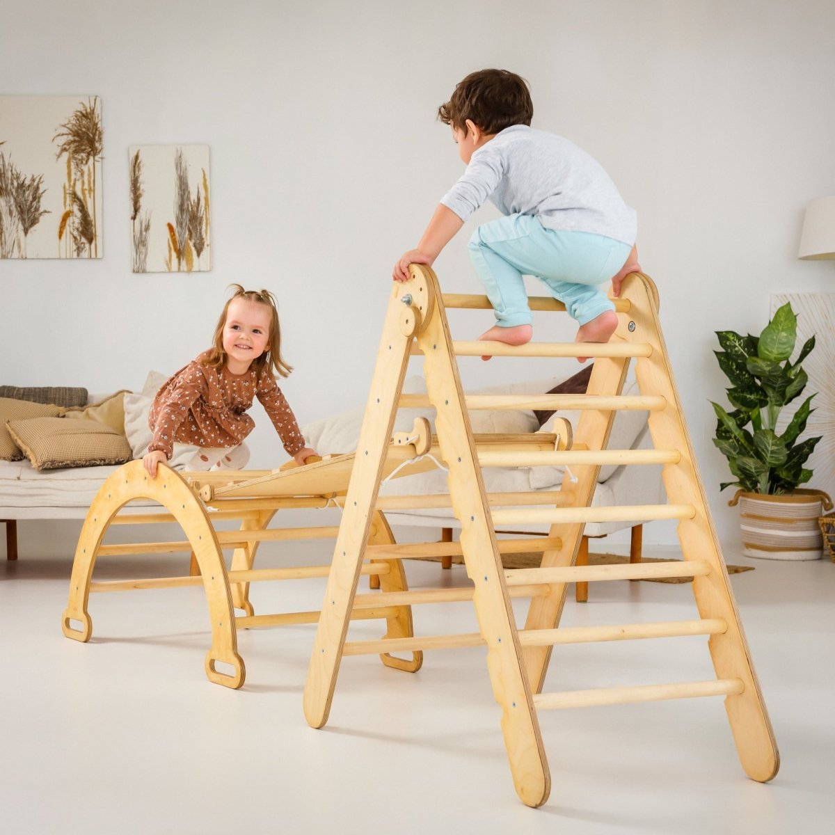 3in1 Montessori Climbing Set: Triangle Ladder + Wooden Arch + Slide Board – Beige NEW