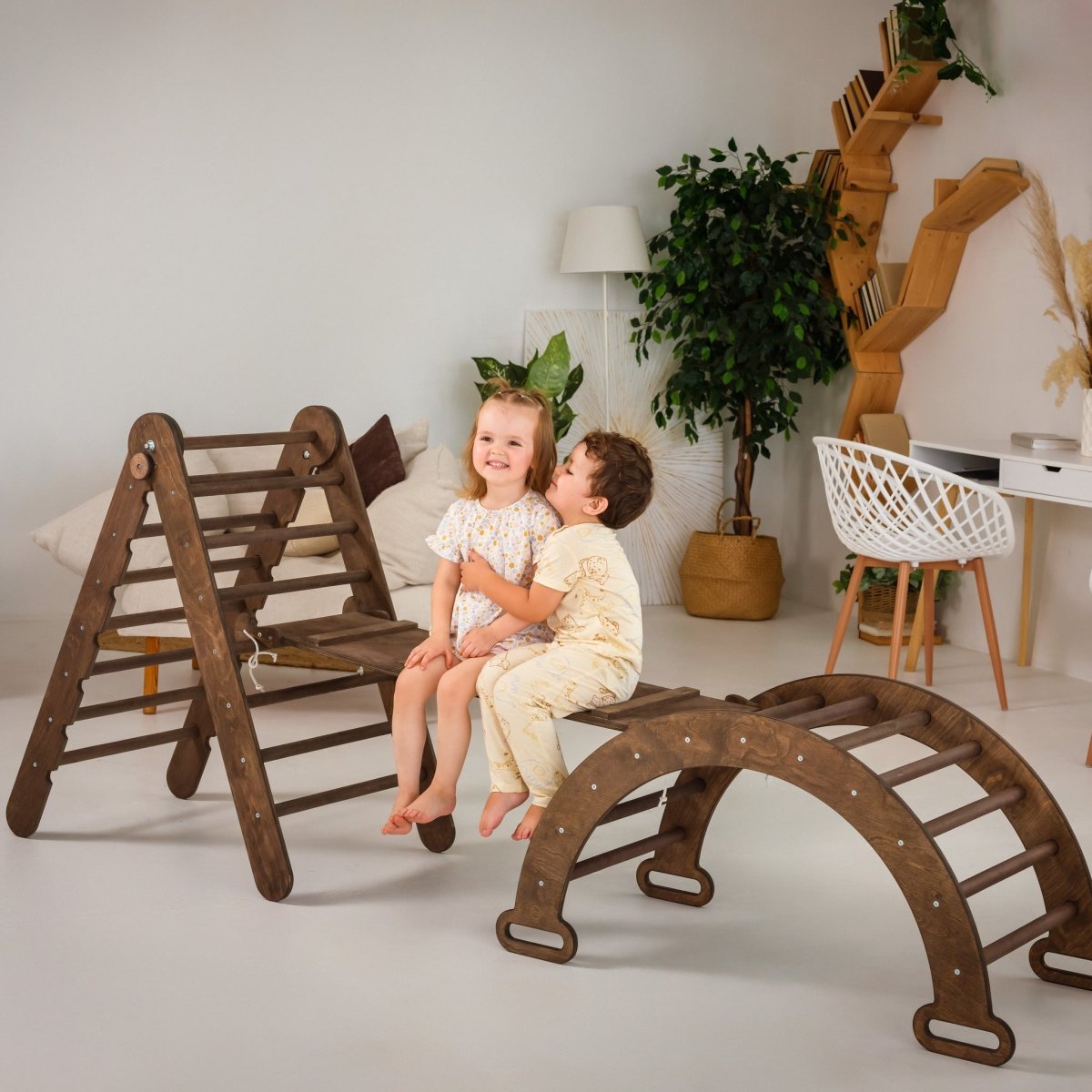 3in1 Montessori Climbing Set: Triangle Ladder + Wooden Arch + Slide Board – Chocolate NEW