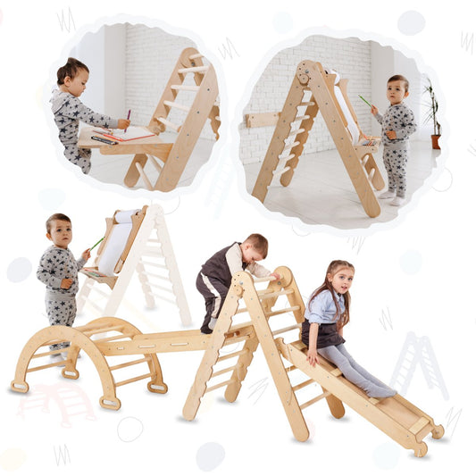 5in1 Montessori Climbing Set: Triangle Ladder + Climbing Arch + Slide Board + Climbing Net + Art Addition