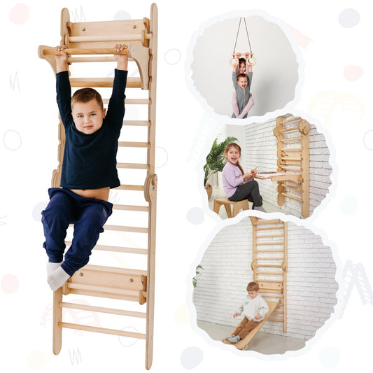 5in1: Wooden Swedish Wall / Climbing ladder for Children + Swing Set + Slide Board + Art Add-on